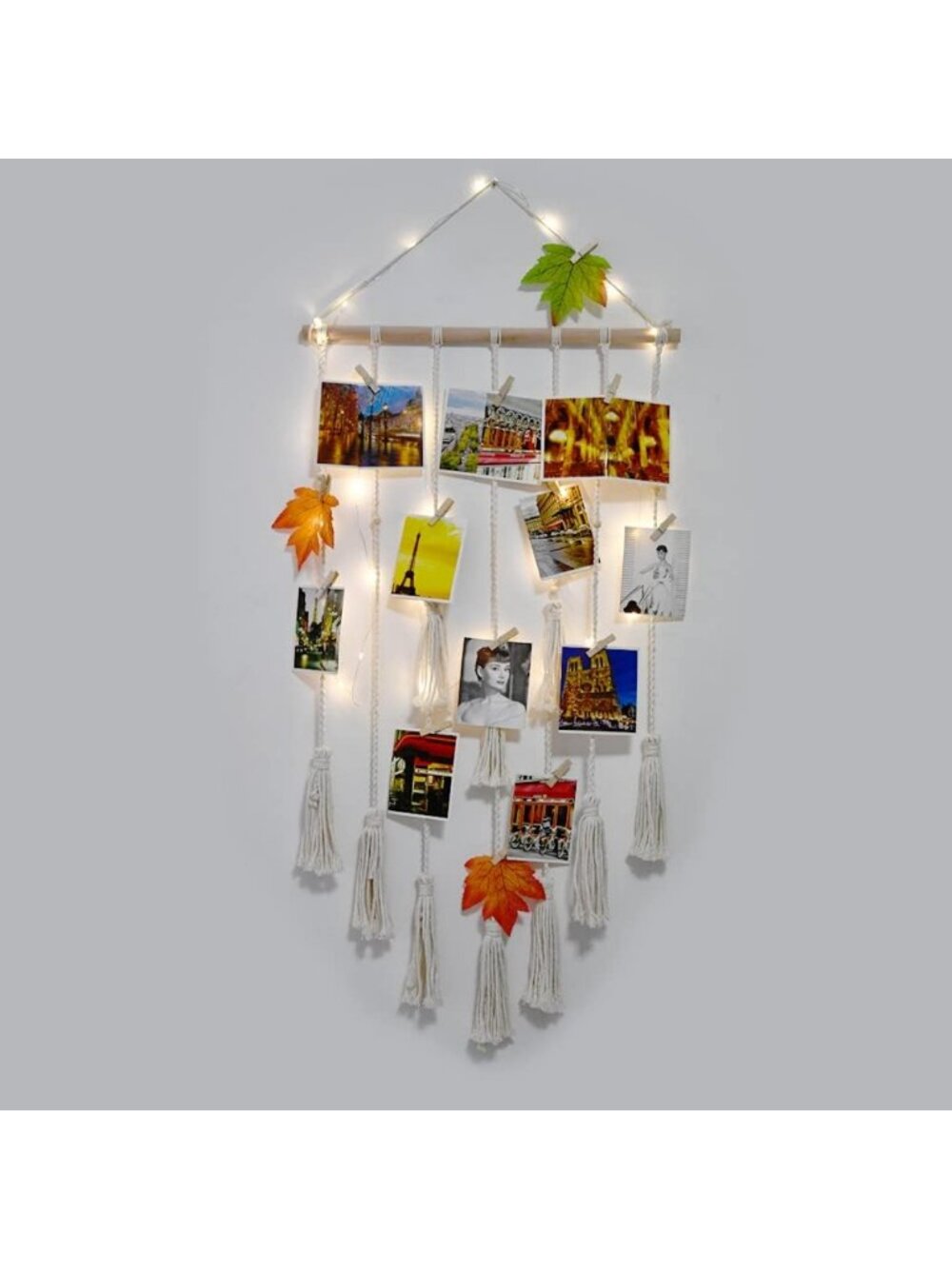 Boho Wall Hanging Photo Display with LED Lights, Macrame Decor & Wood Clips